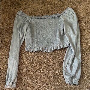 SO Light Blue Smocked Off-Shoulder Crop Top